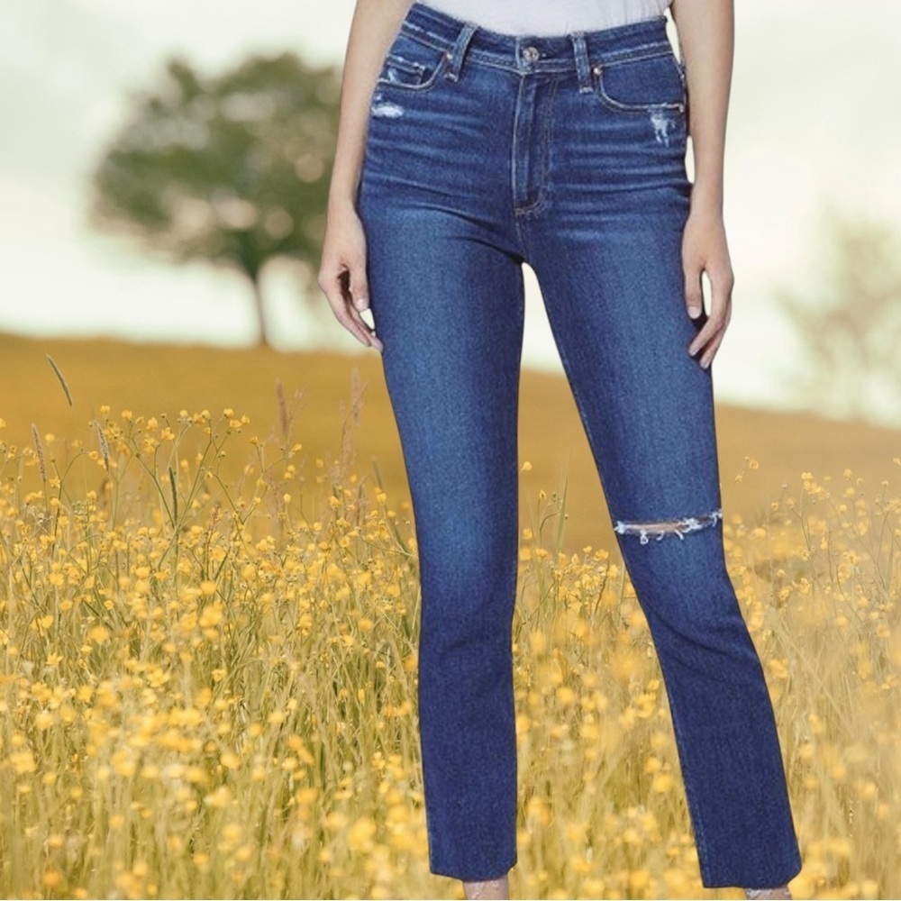 NWT PAIGE Denim ‘Hoxton Slim’ High-Rise Slim Leg Jeans in “Serene Distressed” 25
